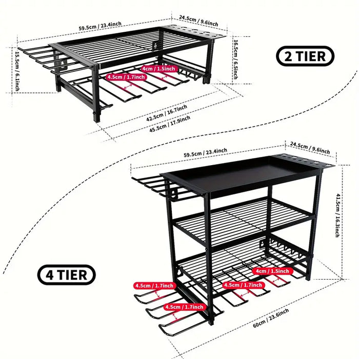 Raft pentru scule si unelte, din metal, cu montare pe perete, dimensiuni 60x41.5x24.5 cm, cu 4 compartimente de depozitare, carlige pentru agatare, negru