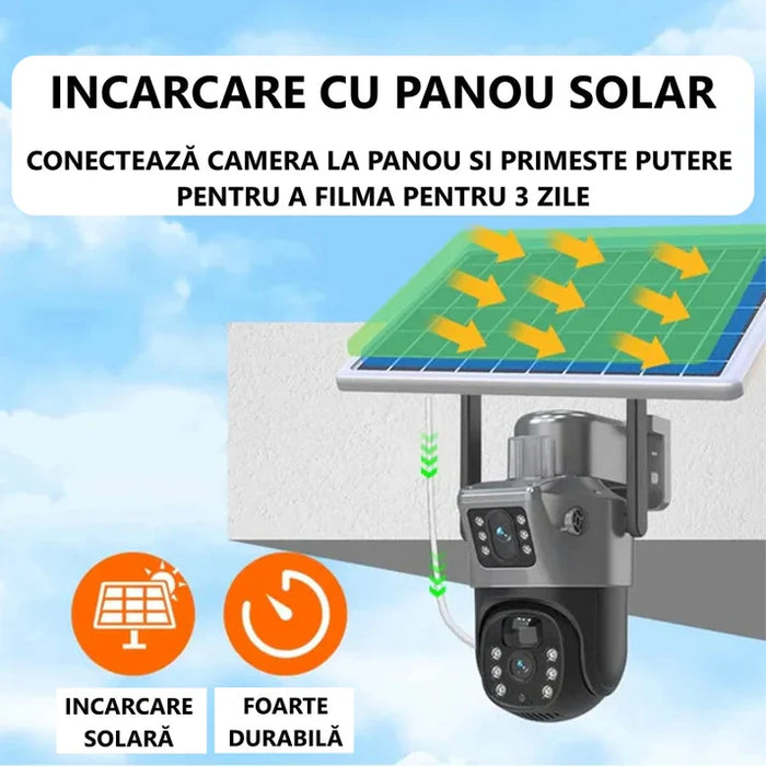 Camera Video de Supraveghere 4K - Cartela SIM 4G - Doua Lentile, Panou Solar, 360°