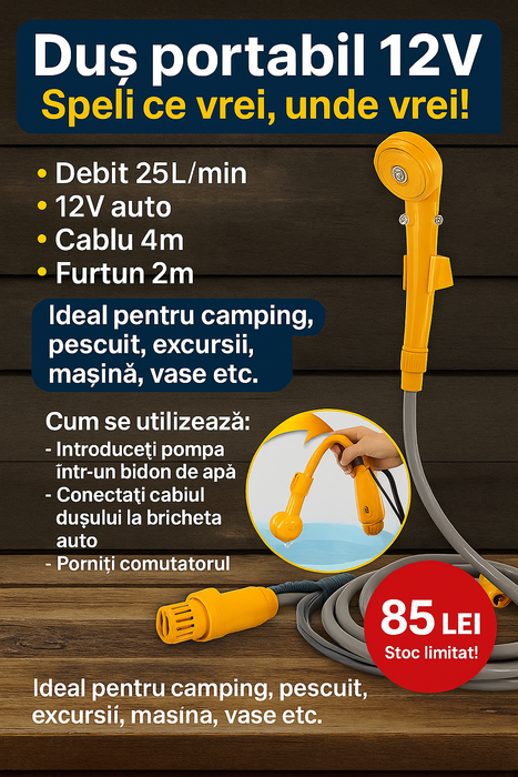 Set dus auto electric portabil pentru camping, 12 V, cablu 5M