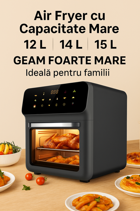 AirFryer Hoffmans Profesional - Cuva 12L -14 L - 15 L cu Geam, 2400W, Friteuza Digitala cu Aer Cald