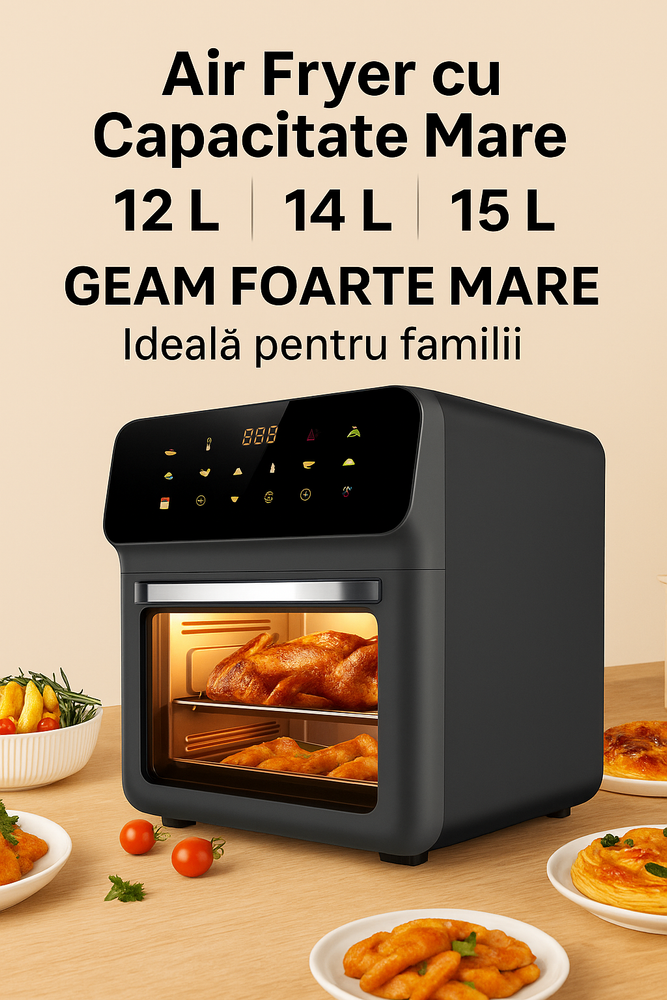 AirFryer Hoffmans Profesional - Cuva 12L -14 L - 15 L cu Geam, 2400W, Friteuza Digitala cu Aer Cald