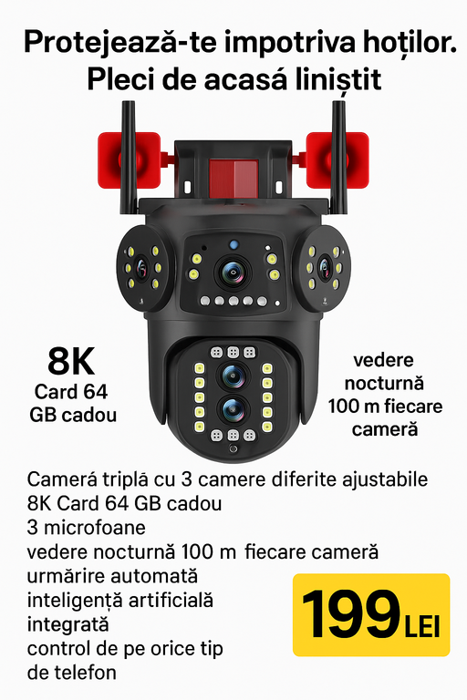 Camera de Supraveghere Tripla WIFI 8 K cu alarma,Sirene, Urmarire automata miscare