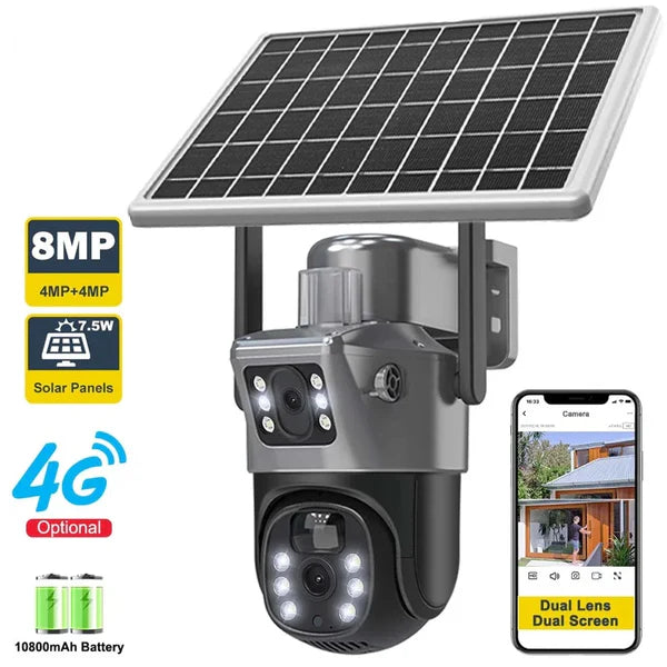 Camera de supraveghere DUBLA cu panou solar,4G,senzor de miscare,lentile duble,4K HD 12 MP 4G + CARD 64 GB CADOU