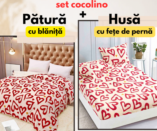 Set de pat dublu Cocolino , Husă cu elastic + pătură cu blăniță, Model inimi, alb-rosu,