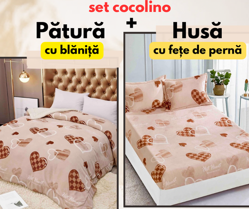 Set de pat dublu Cocolino , Husă cu elastic + pătură cu blăniță, Model inimi,