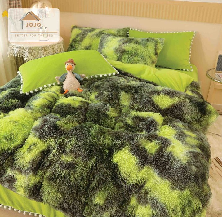 Lenjerie Super Pufoasa Cocolino, Model Fluffy , Pat 2 persoane , 6 piese, Verde-Gri,