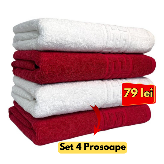 Set 4 Prosoape baie Premium Hotel ,Model 500g, Bumbac 100%, Alb /Rosu