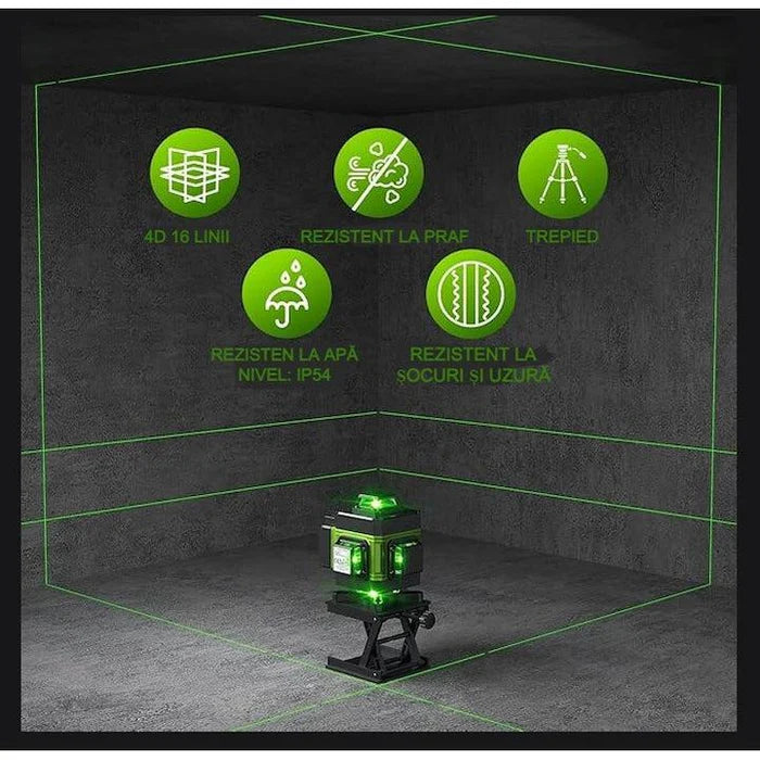 Nivela laser 4D cu 16 linii PROFESIONALA 6 ani garantie autonivelare, telecomandă, lumina verde, platformă de ridicare, Trepied