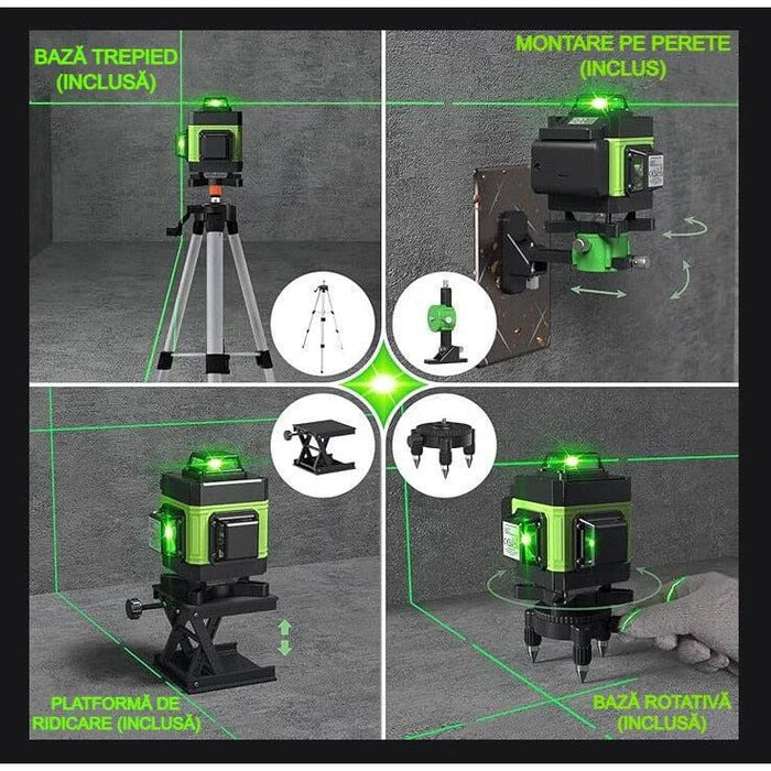 Nivela laser 4D cu 16 linii PROFESIONALA 6 ani garantie autonivelare, telecomandă, lumina verde, platformă de ridicare, Trepied