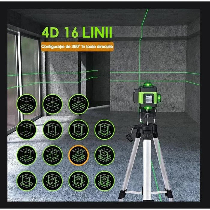 Nivela laser 4D cu 16 linii PROFESIONALA 6 ani garantie autonivelare, telecomandă, lumina verde, platformă de ridicare, Trepied