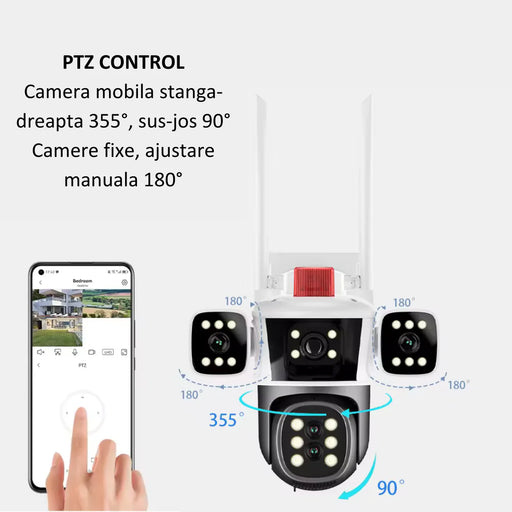 Camera  5 in 1 de supraveghere WIFI 8K, 16MP, Zoom 10X,5  lentile, Control din aplicatie, Comunicare bidirectionala, Urmarire automata, Multi lentila