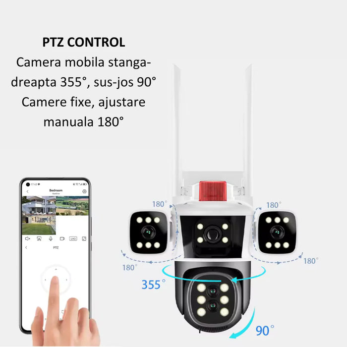 Camera  5 in 1 de supraveghere WIFI 8K, 16MP, Zoom 10X,5  lentile, Control din aplicatie, Comunicare bidirectionala, Urmarire automata, Multi lentila