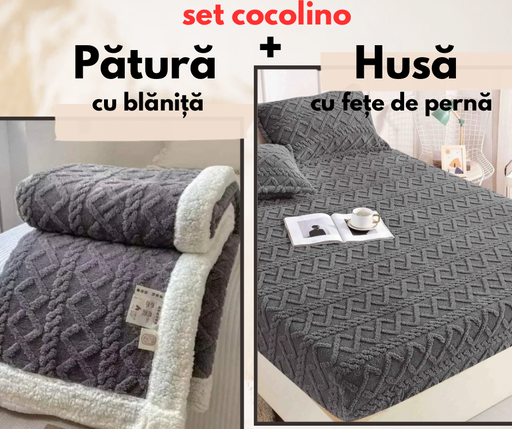 Set Lenjerie pat dublu cocolino TRICOT completă , Pătură cu Blaniță + husă cu elastic, 4 piese , Gri Închis,