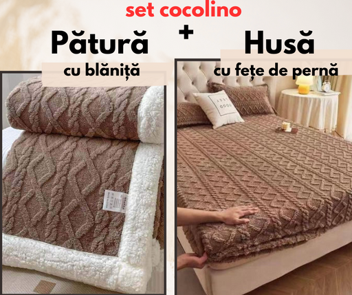 NOU ! Lenjerie pat dublu cocolino TRICOT completă , Pătură cu Blaniță + Husă cu elastic, 4 piese, Maro,