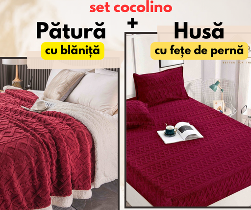 Set de pat dublu Cocolino , Husă cu elastic + pătură cu blăniță, Model Tricot, Rosu-Închis Bordo ,