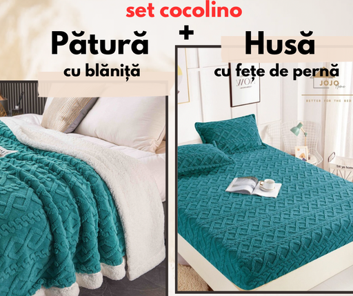 Set de pat dublu Cocolino , Husă cu elastic + pătură cu blăniță, Model Tricot, Turcoaz .