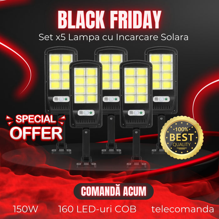 Set x5 Lampa cu Incarcare Solara 150W, 160 LED-uri COB, telecomanda