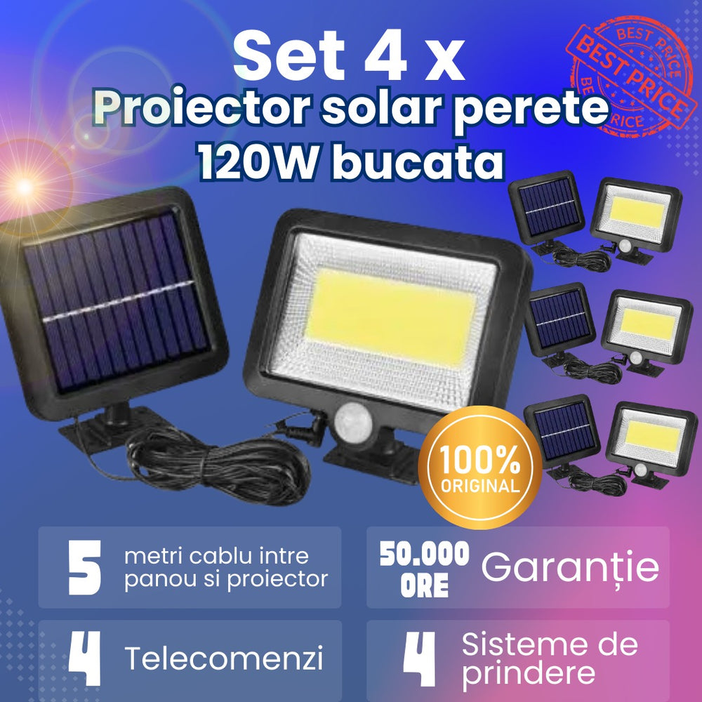 Set 4 x Lampa solara de perete cu senzor de miscare F120 140W