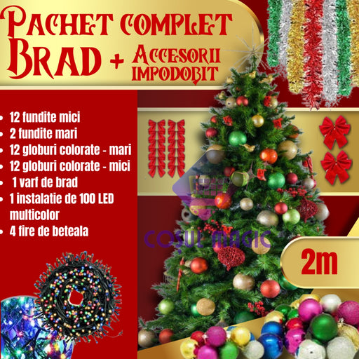 Brad artifical 190 - 200 cm cu suport metalic si accesorii incluse pentru impodobit si instalatie CADOU