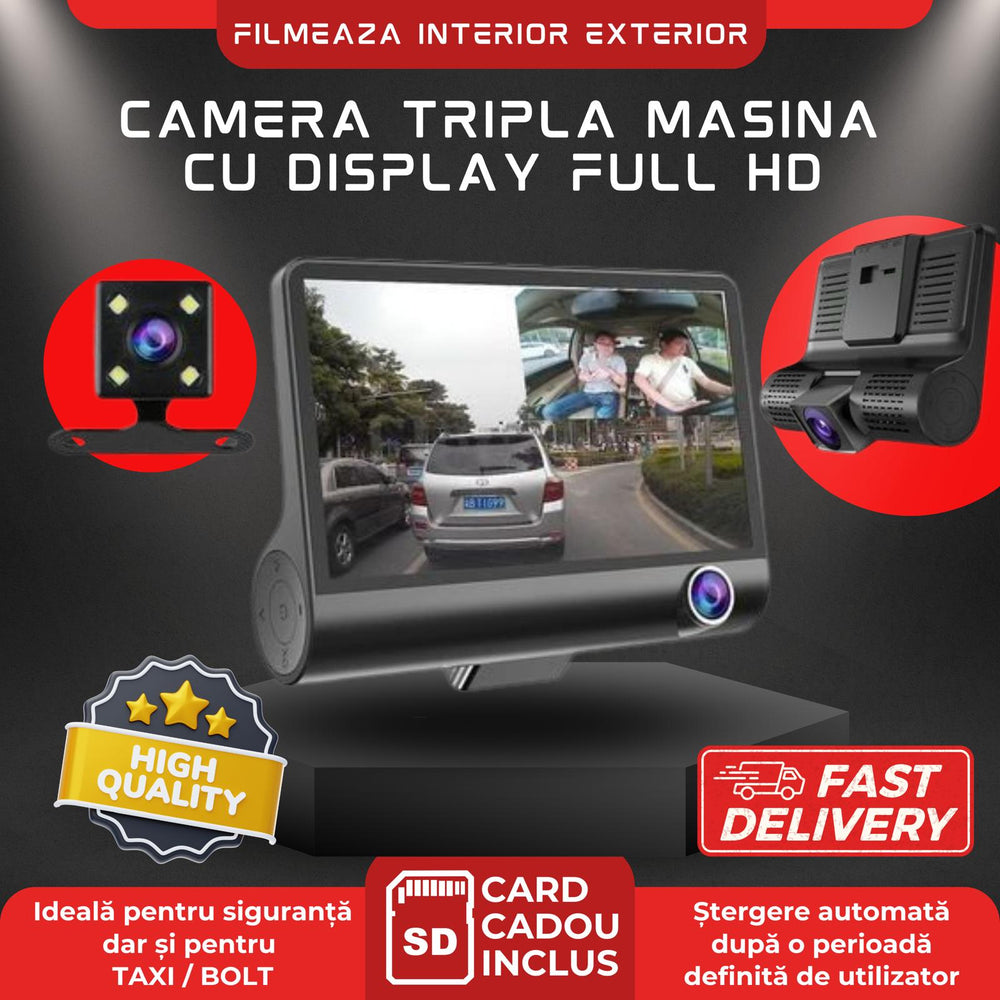 Camera auto tripla Blackbox L300-1, Full-HD, 3 camere-FATA/SPATE/INTERIOR, ecran 4'', G Senzor + CARD CADOU 32 GB