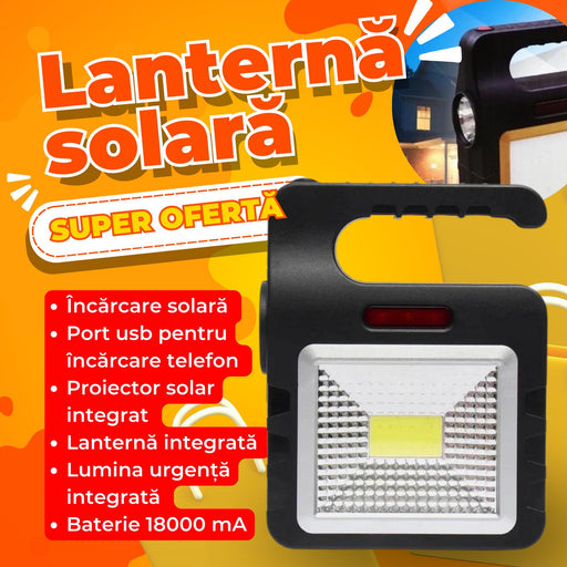 Lanternă portabila cu 3 lumini + lumina urgenta + USB pentru incarcare telefon  pe baterie solara, negru