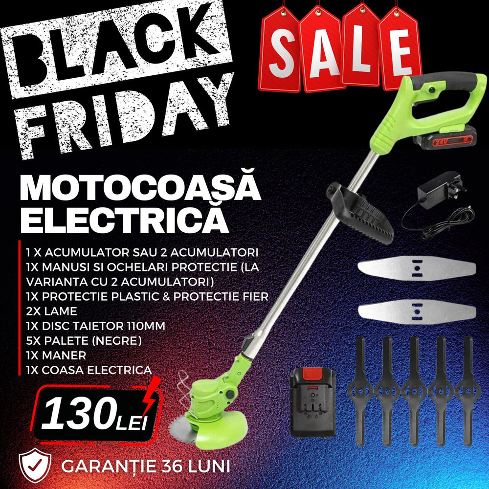 Nou! Motocoasa electrica 48V, 4000 mAh, 18000 RPM, cu 2 acumulatori BLACKFRIDAY