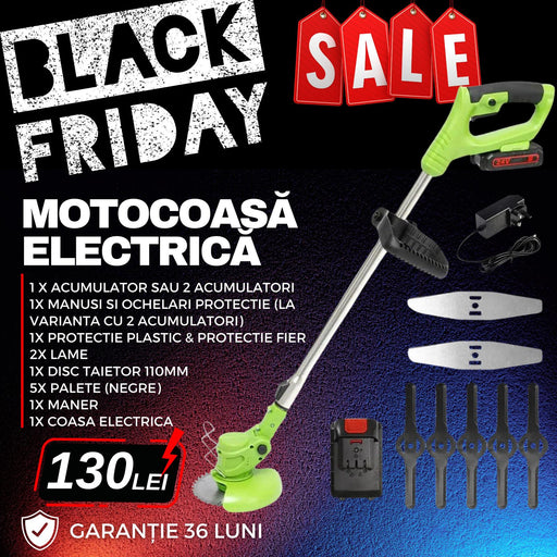 Nou! Motocoasa electrica 48V, 4000 mAh, 18000 RPM, cu 2 acumulatori BLACKFRIDAY