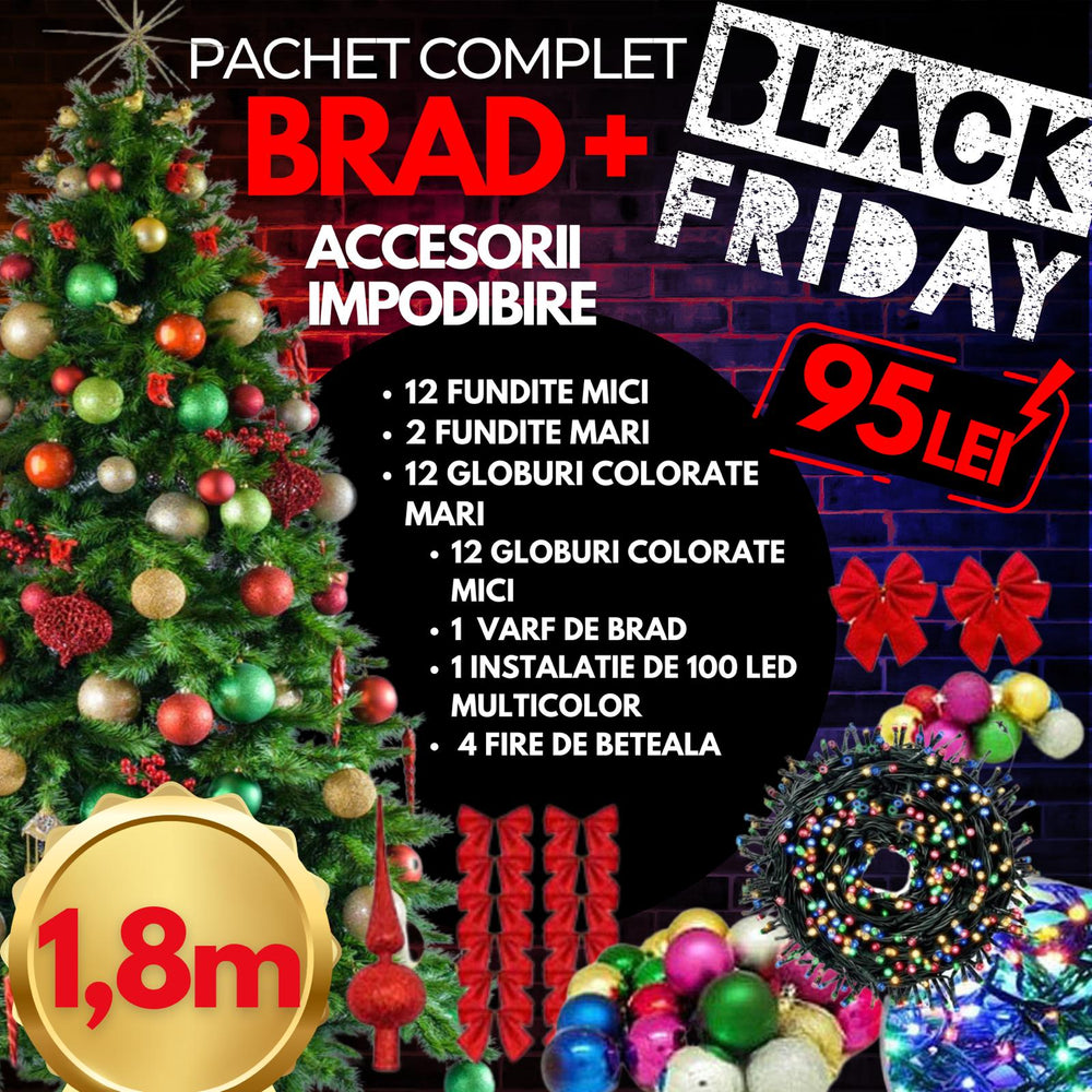 Brad artifical 180 cm cu suport metalic si accesorii incluse pentru impodobit si instalatie CADOU BLACKFRIDAY