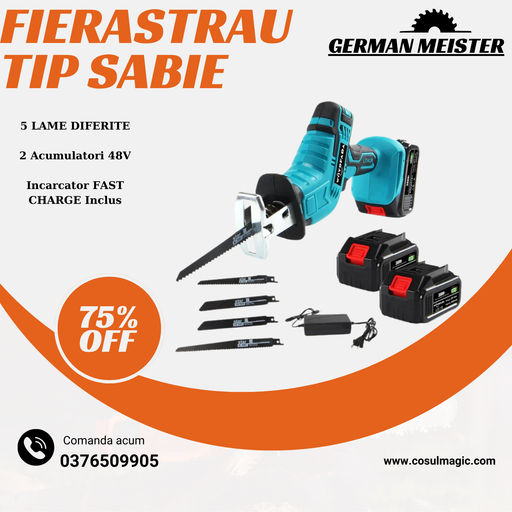 Fierastrau electric sabie, cu 2 acumulatori, 48V , 5 panze