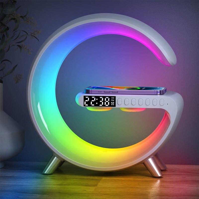 Statie incarcare wireless 3 in 1 cu lampa RGB si boxa bluetooth, control aplicatie cu ceas inclus